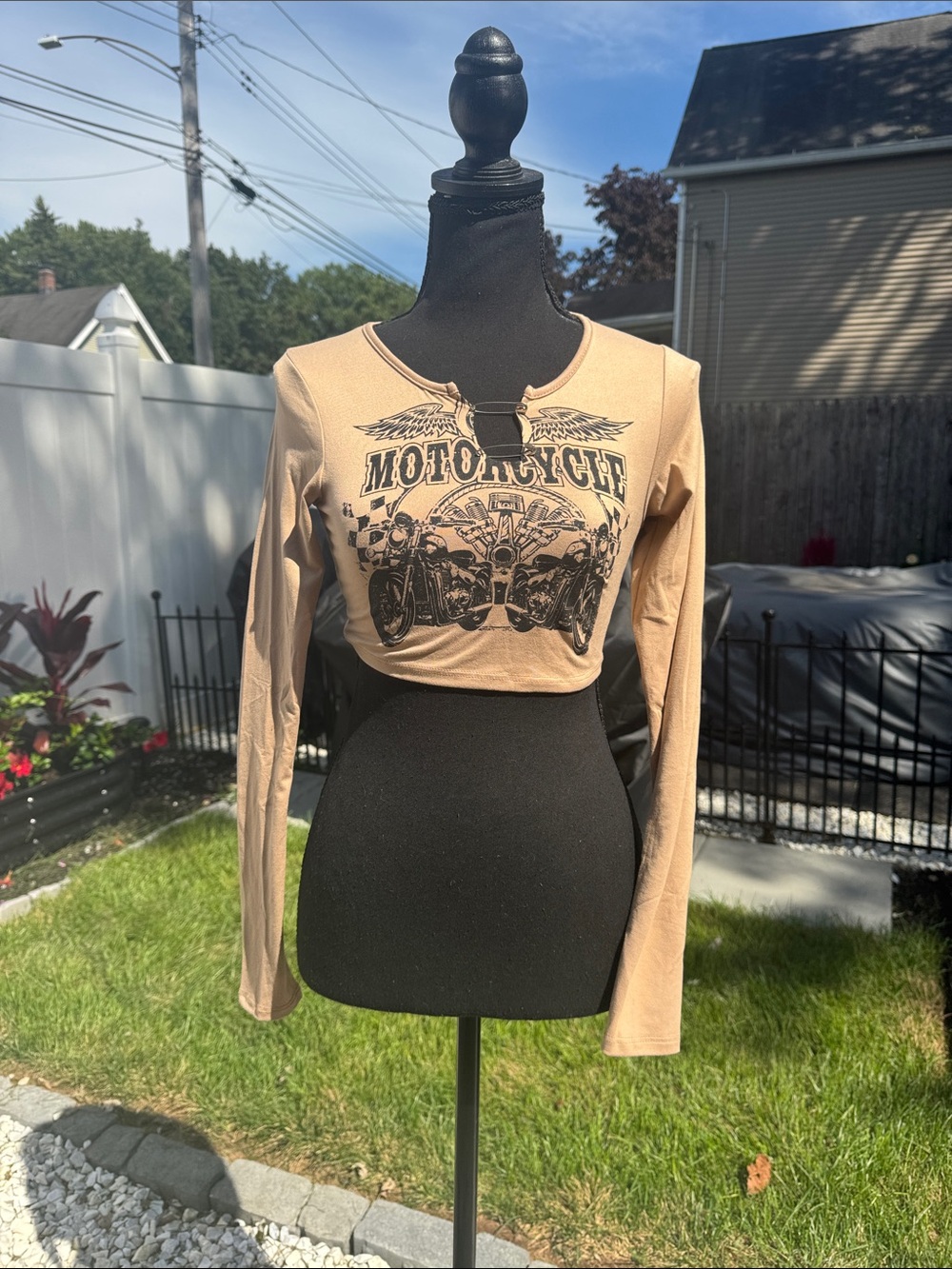 Tan Motorcycle Graphic Crop Top